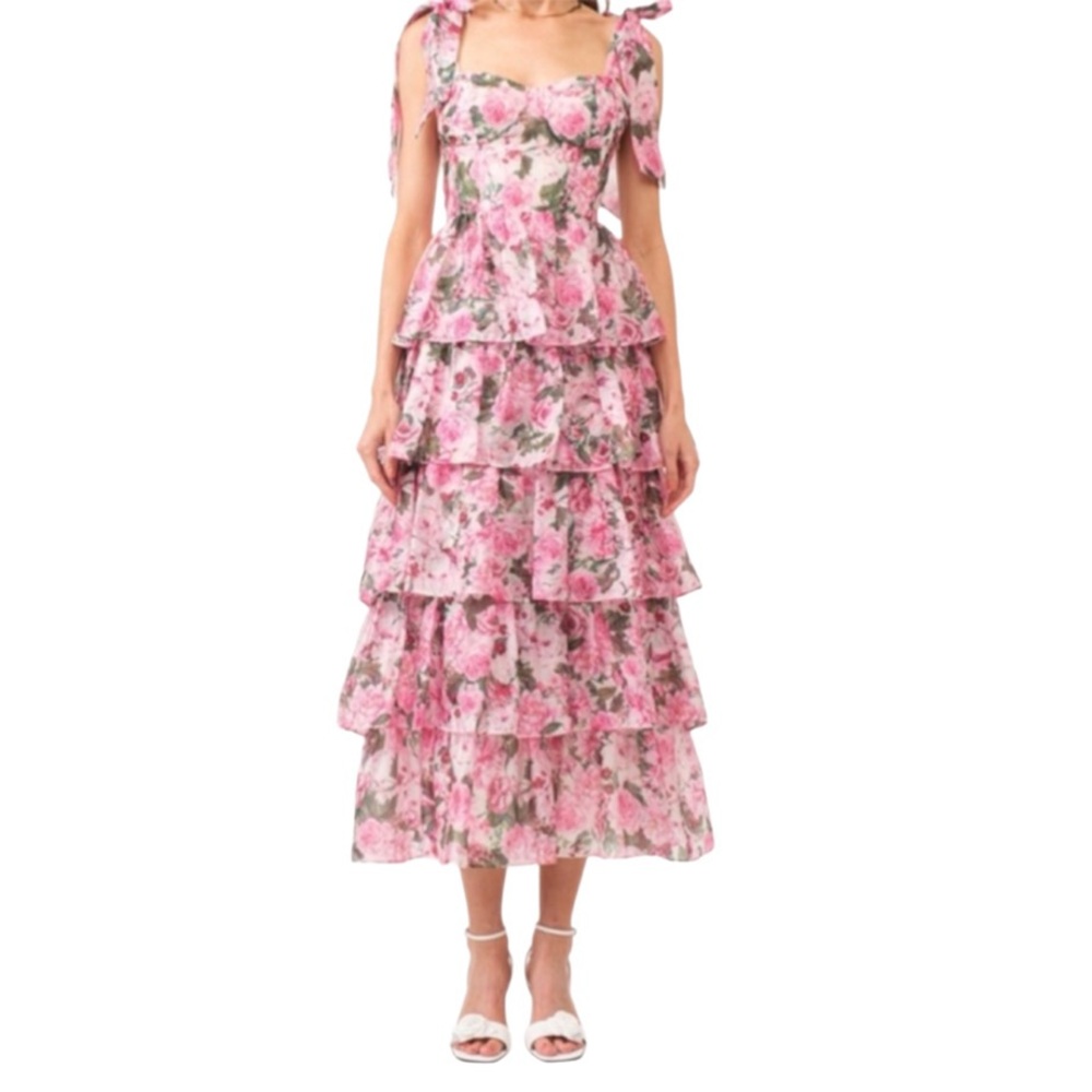 Sofie the Label Pink Floral Tiered Ruffle Midi Dress Bustier Bodice NWT Sz S - Picture 2 of 10